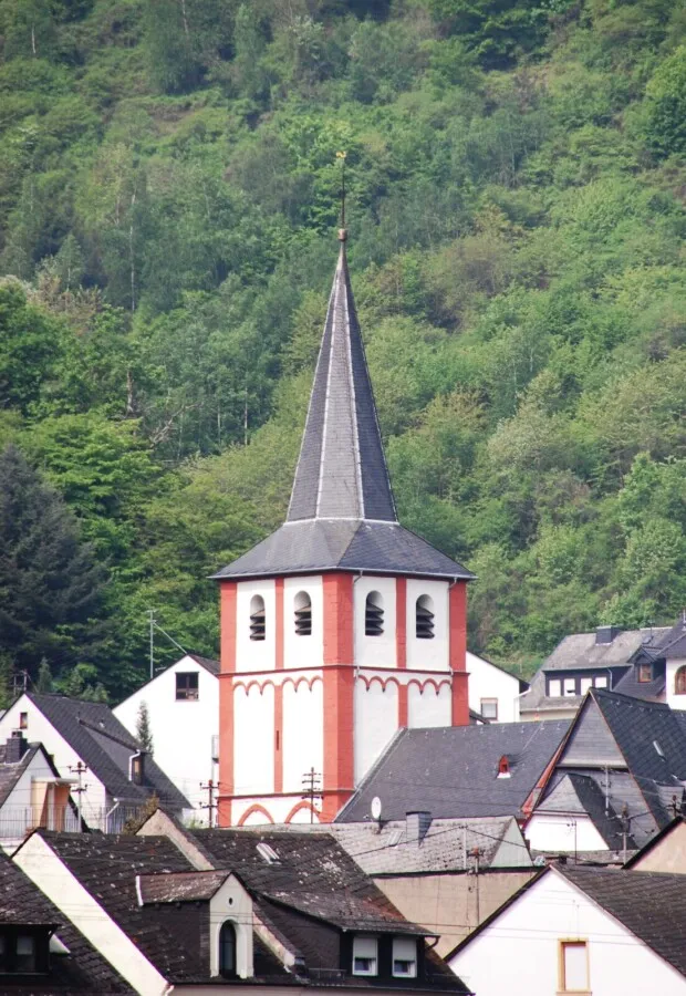 Church spire above the village rooftops