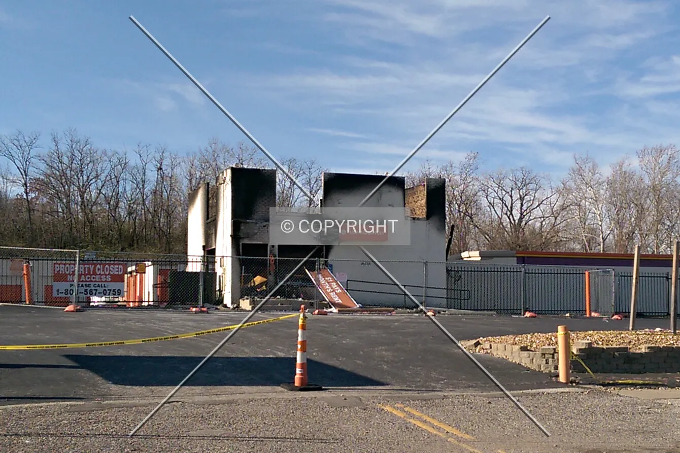 Southeast view after being burned during the Michael Brown protests; November 29, 2014