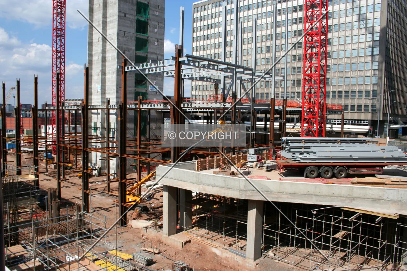 Looking into the site at the construction progress