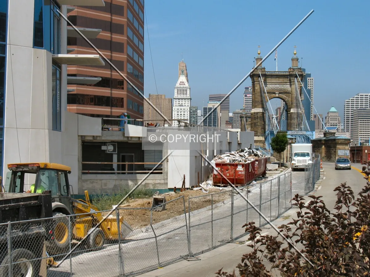 View to the north past the base; Roebling Suspension Bridge and downtown Cincinnati in the distance