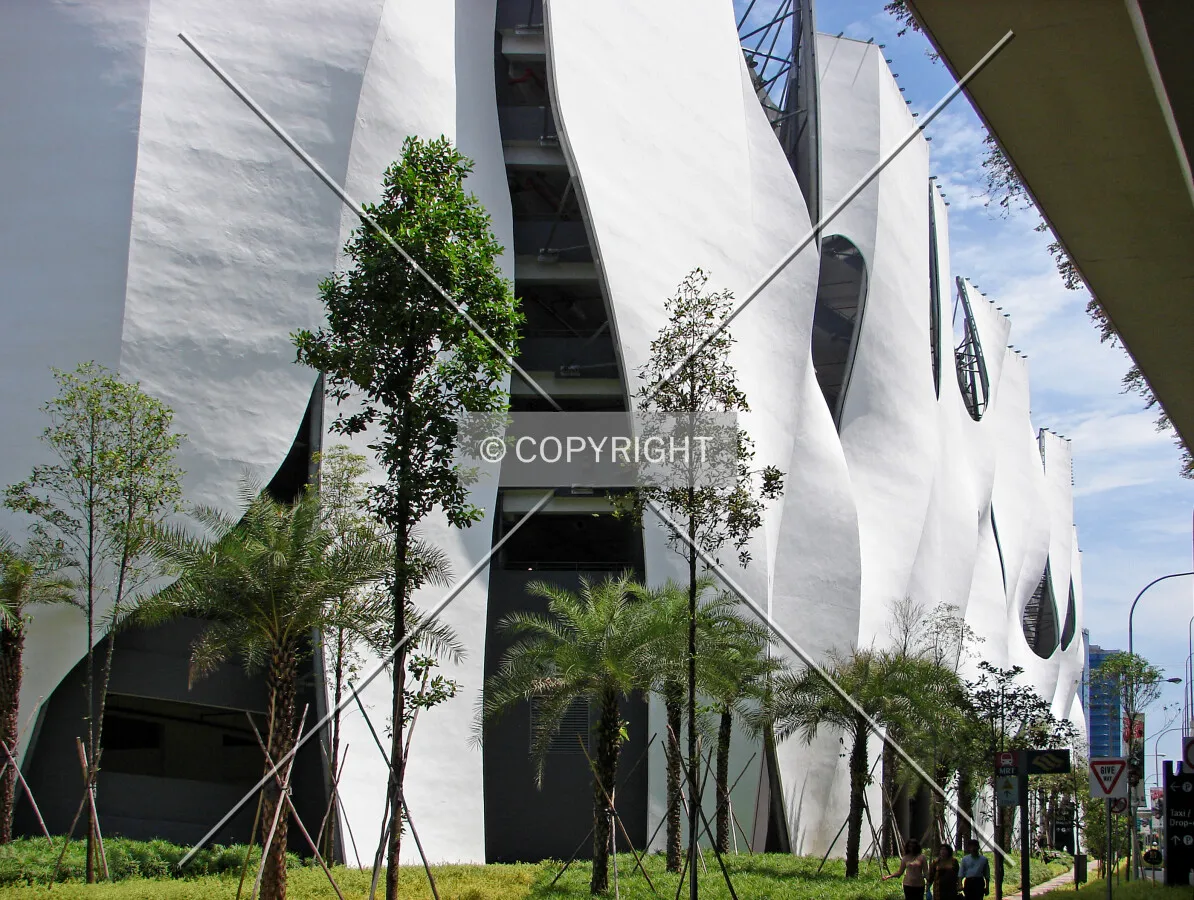 View of the undulating facade which envelopes the carpark as seen from the northeast