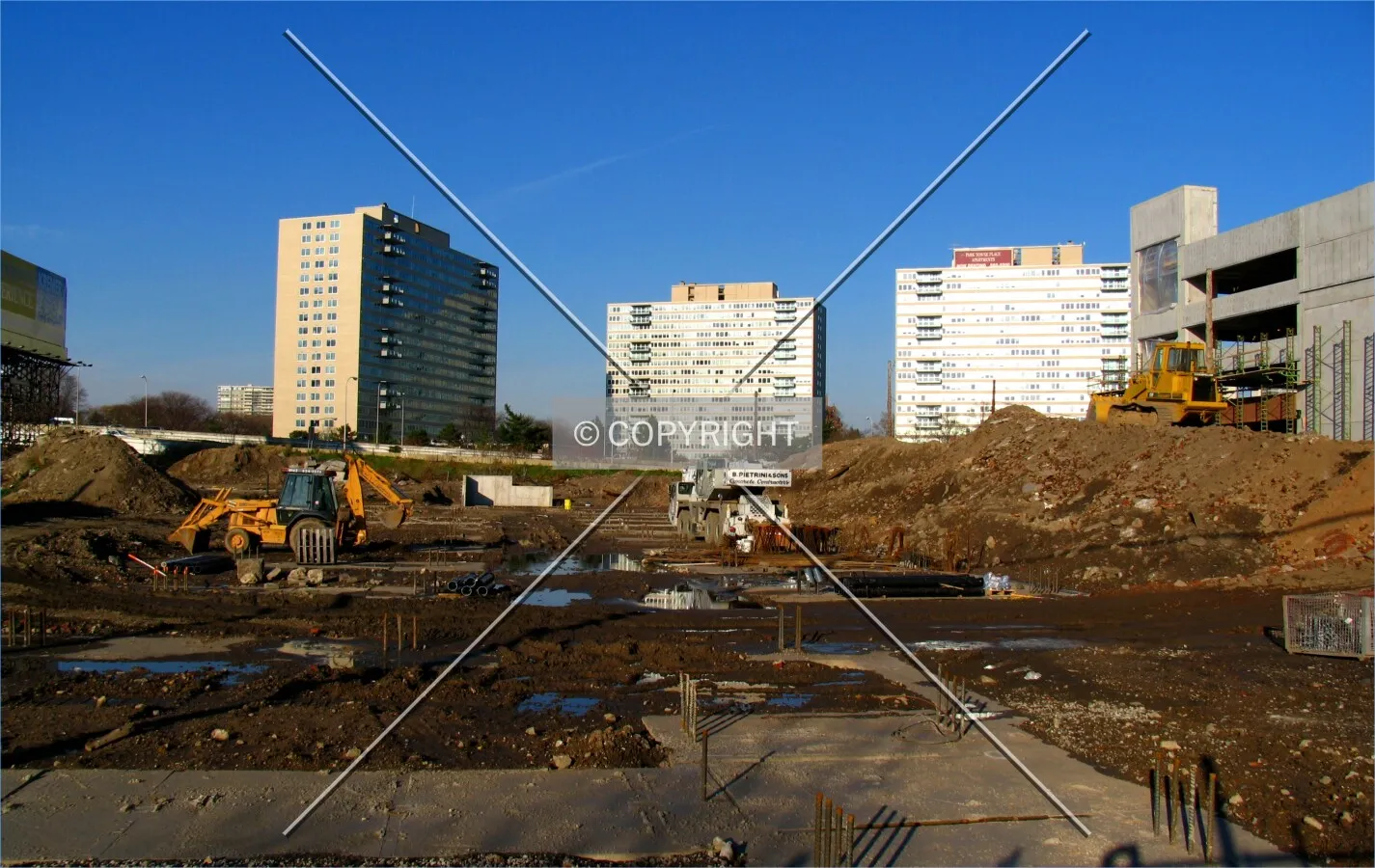 From the south, with the Park Towne Place complex in the background