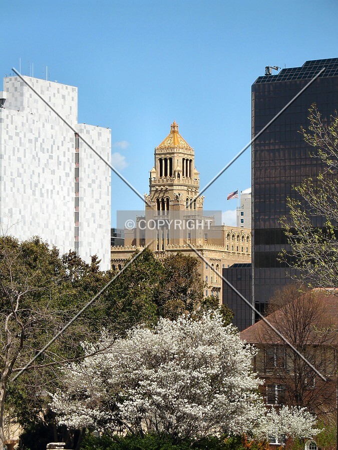 Distant view from the southwest, framed by the Mayo & Guggenheim Buildings