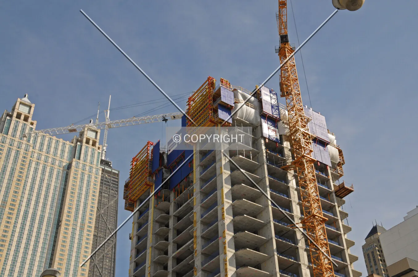 Looking up from the intersection of State and Walton Streets