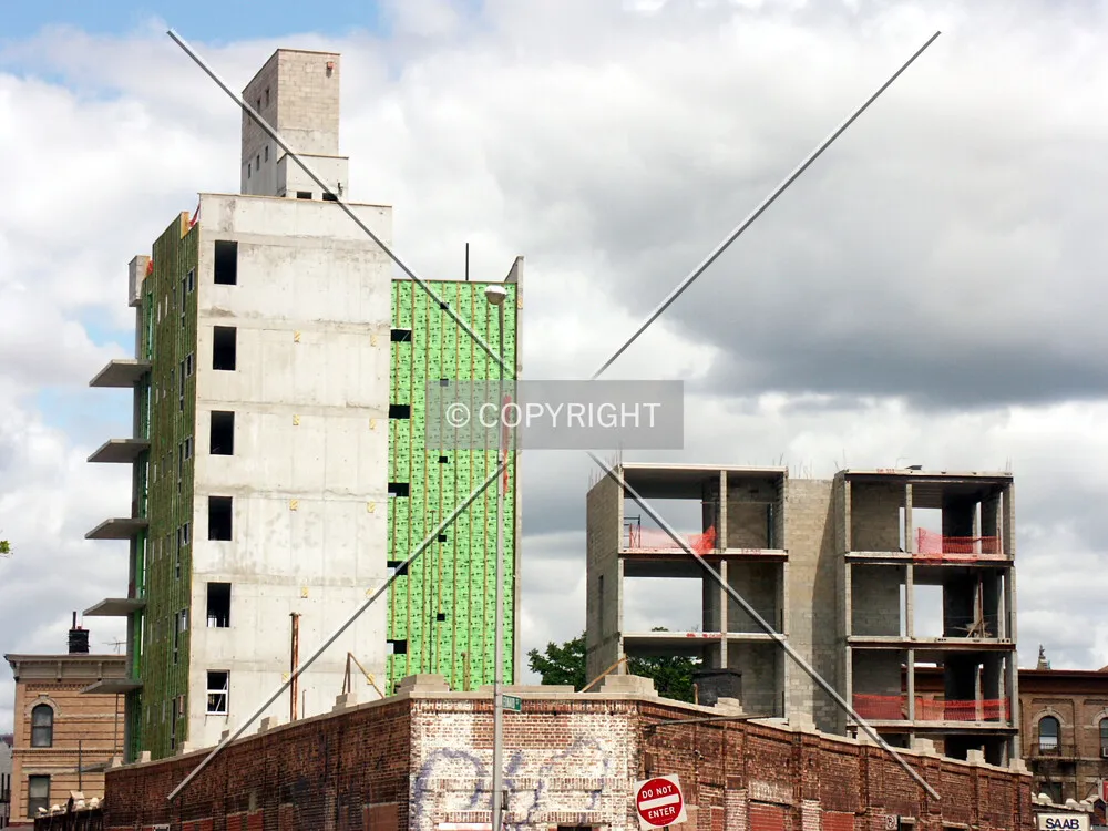 View from the south showing the shorter part of the complex, 285 Driggs, at right
