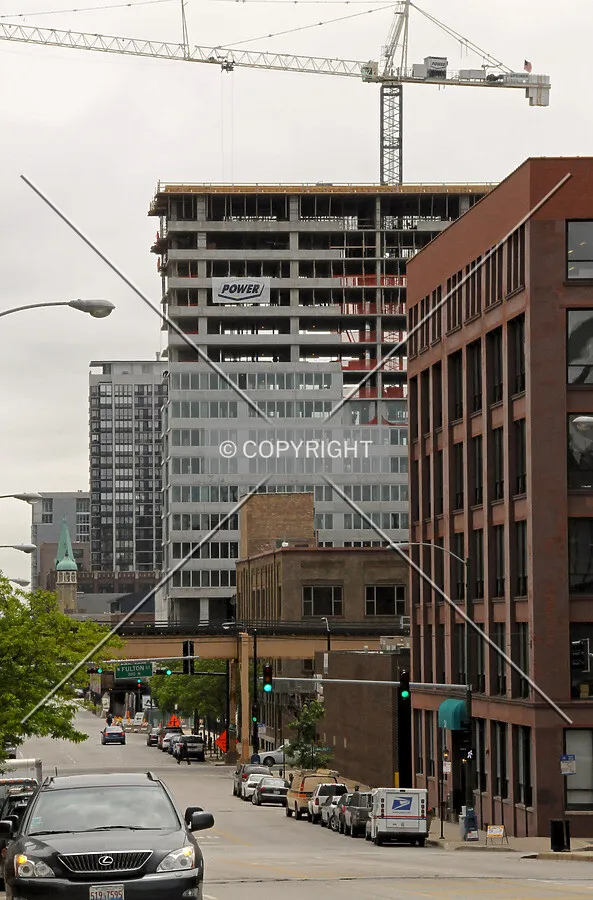 Looking south on Des Plaines Street from the viaduct over Wayman Street