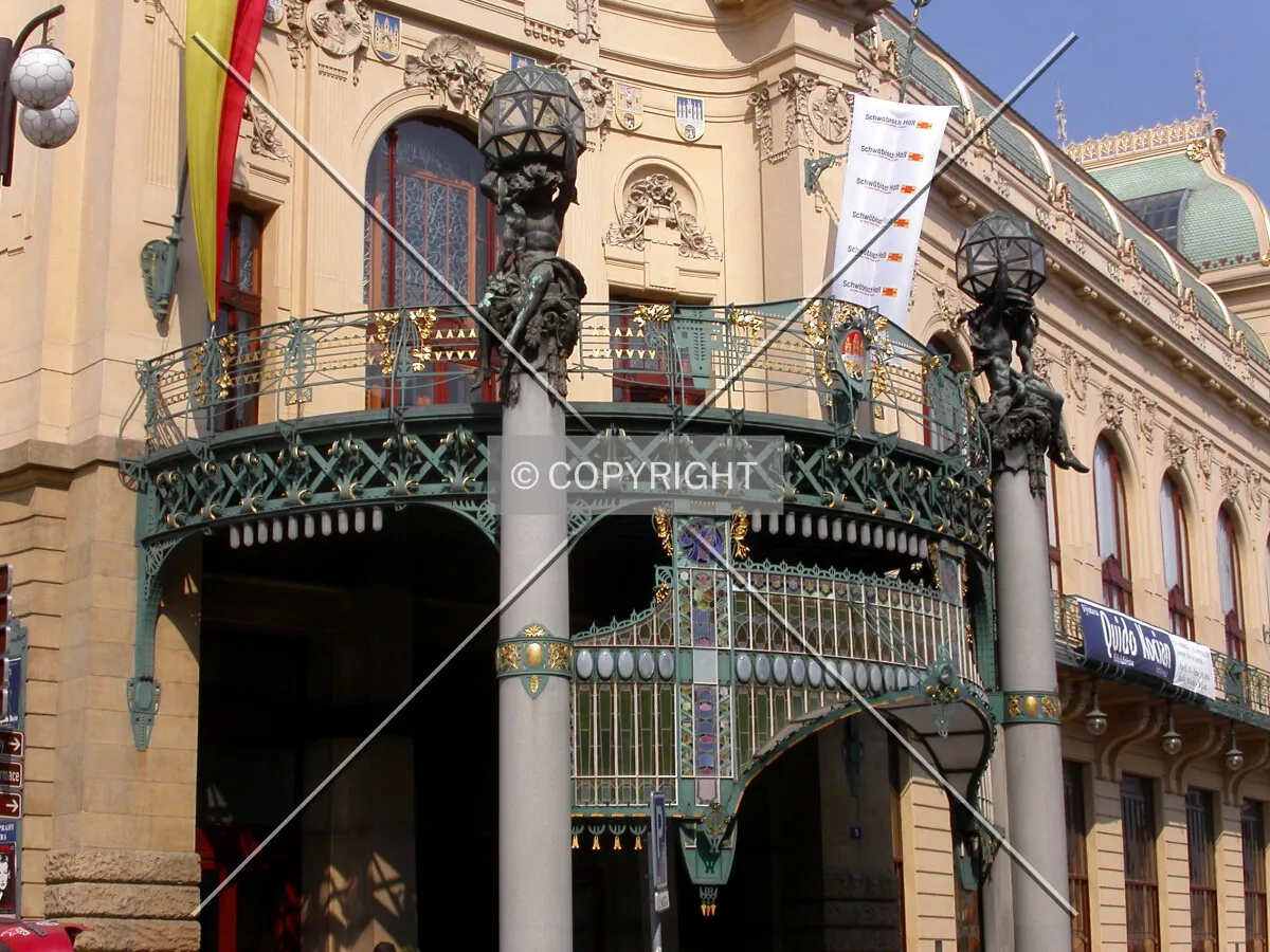 The balcony above the main entrance to the building
