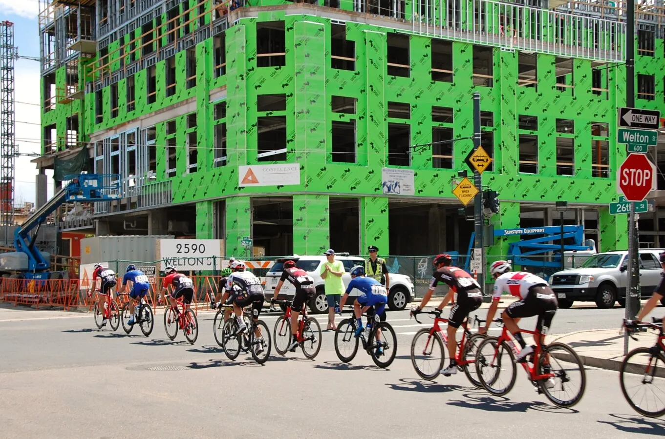 Looking south at cycle racers