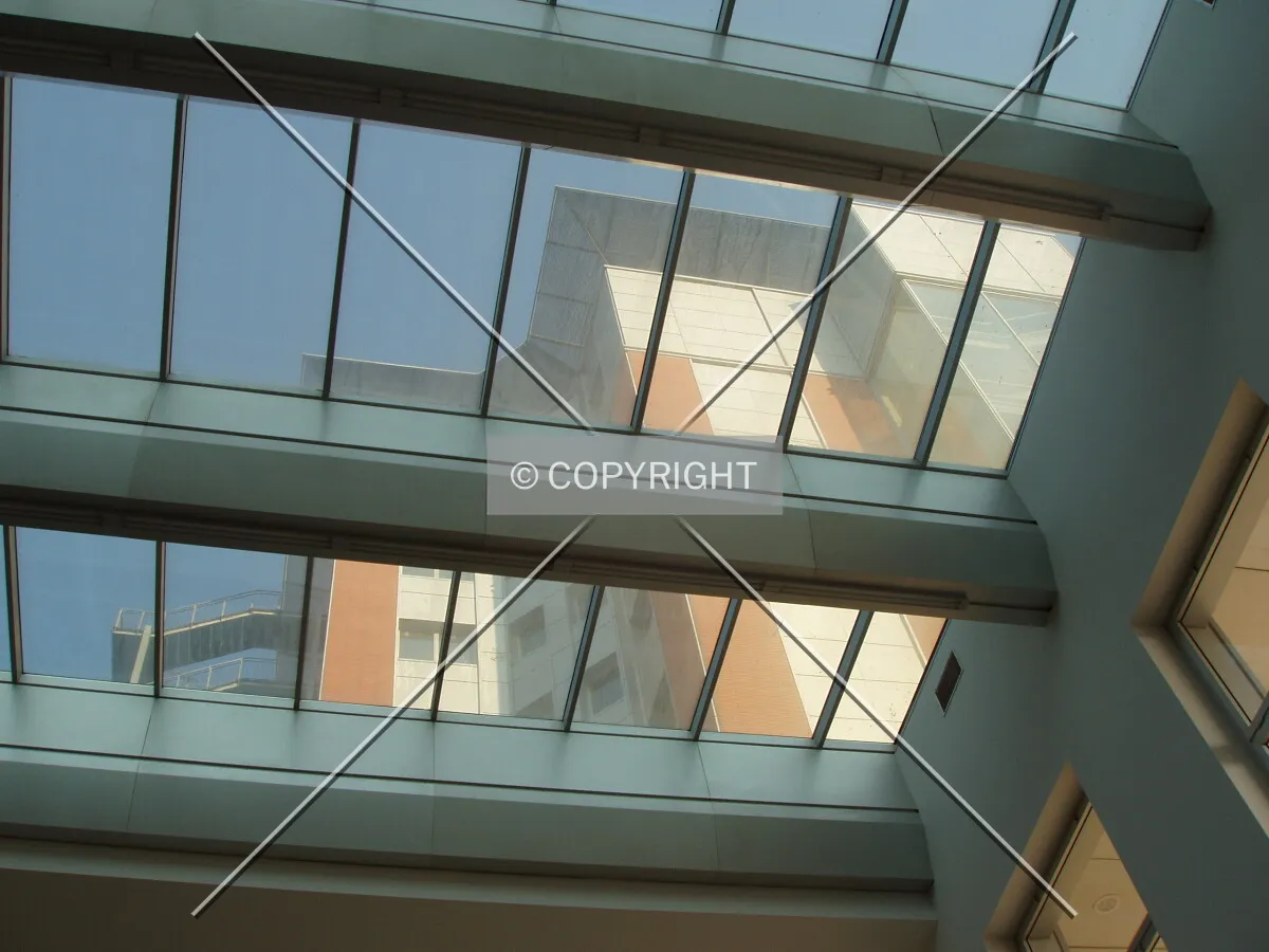 The tower through the lobby's glass roof