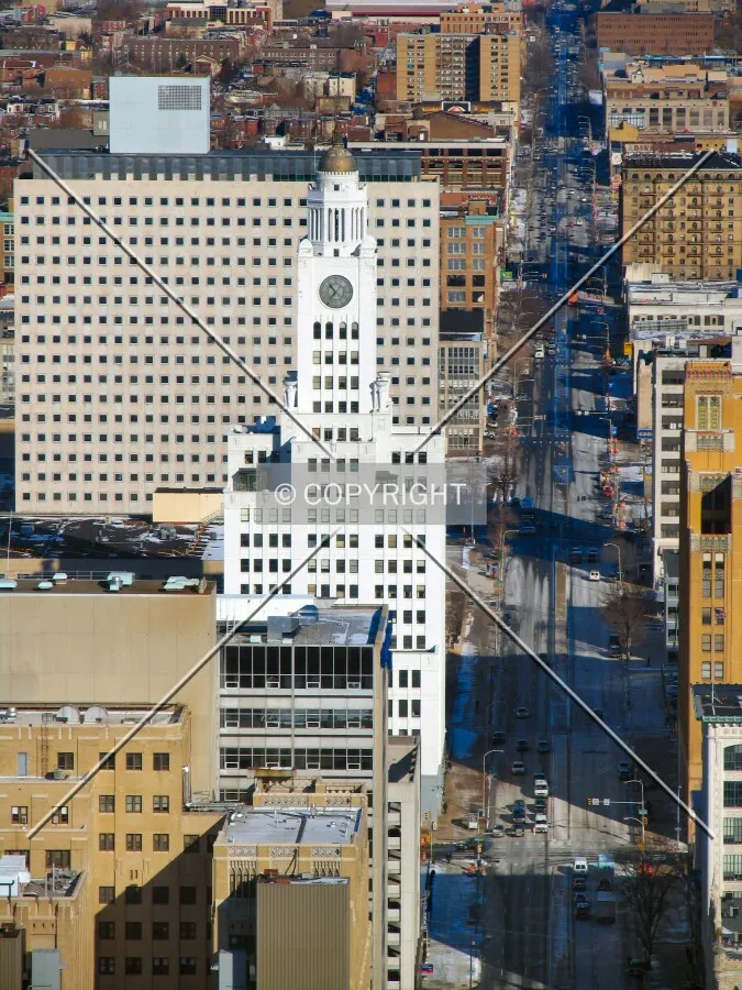 Looking north from the City Hall observation deck, with the Inquirer Building and State Building on the left