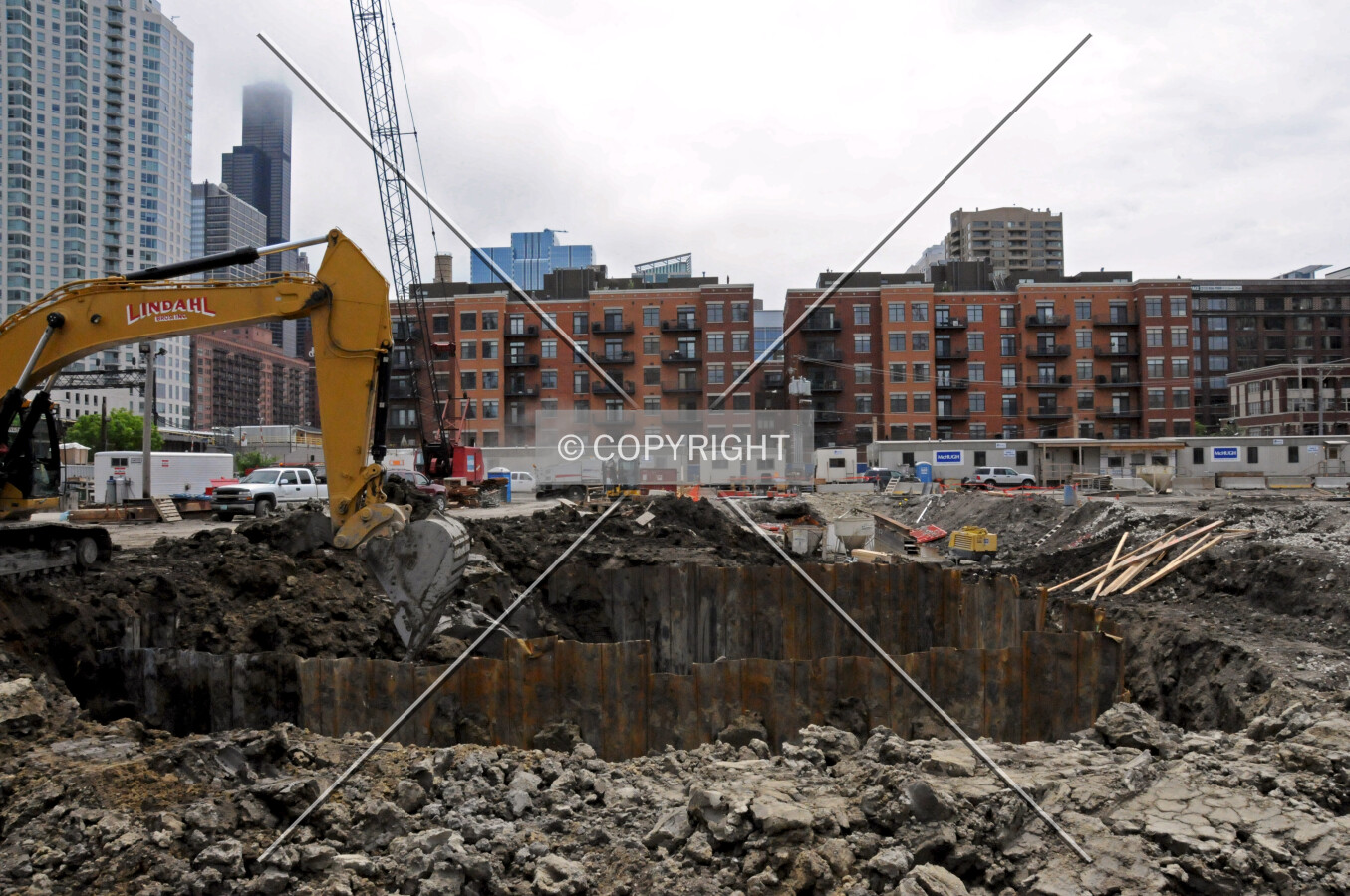 Excavation for the elevator pit, looking south from Kinzie Street