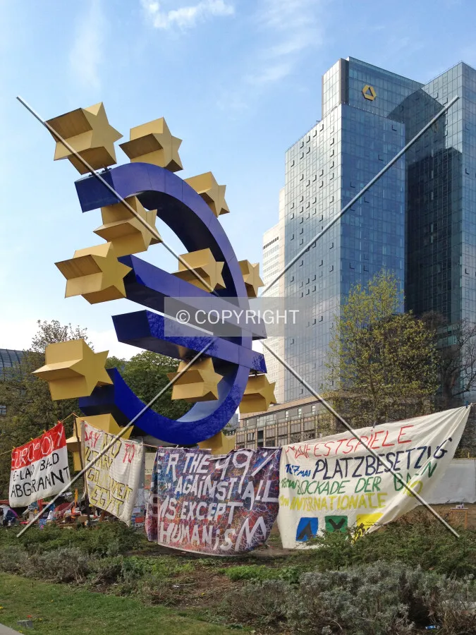 Blockupy protest around the Euro sign in Frankfurt