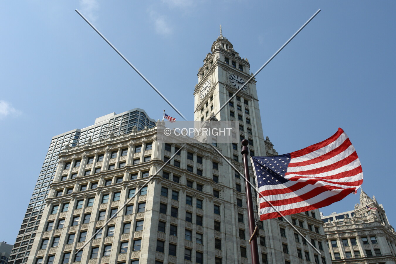 The U.S. flag in front of Wrigley Building