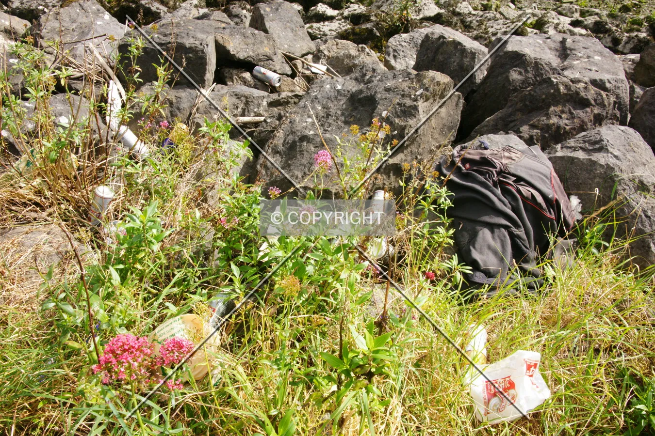 Waste is lying between rocks and grass