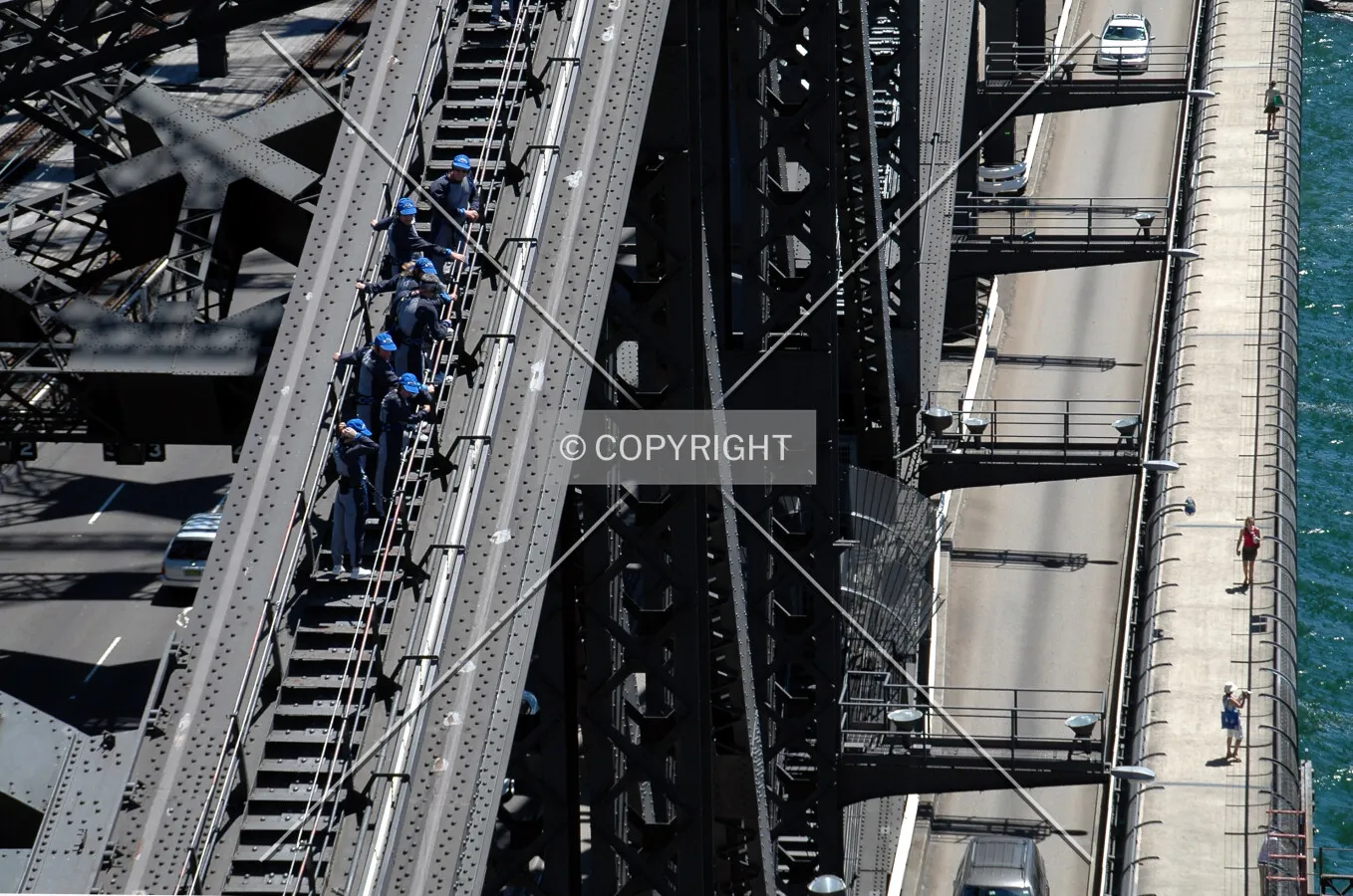 Looking down at the walkway and east side of the bridge