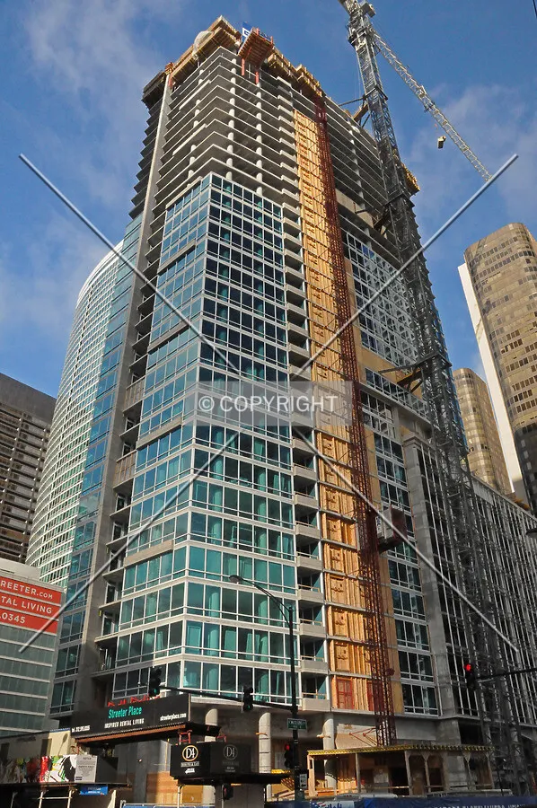 Looking up from the intersection of Grand Avenue and McClurg Court