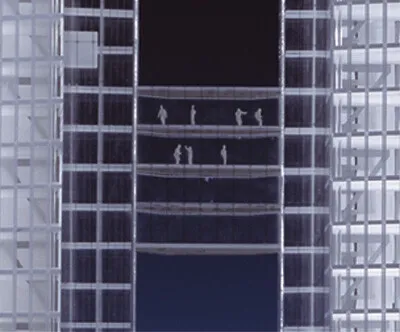 Rendering: both towers are connected through a bridge