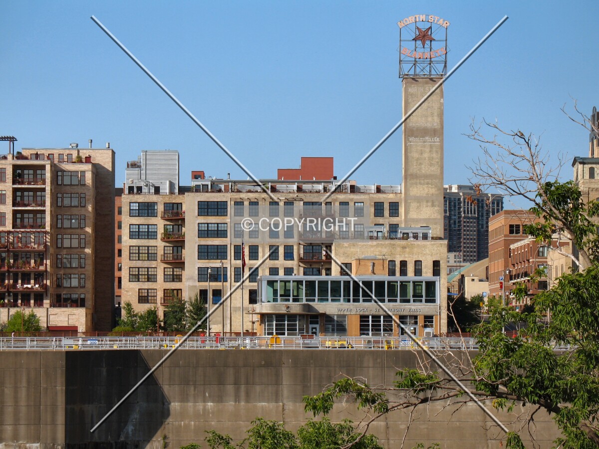 View to the south from Water Power Park at St. Anthony Falls, past the Mississippi River Locks