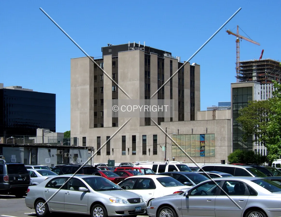 Vintage view from the southeast showing the original facade