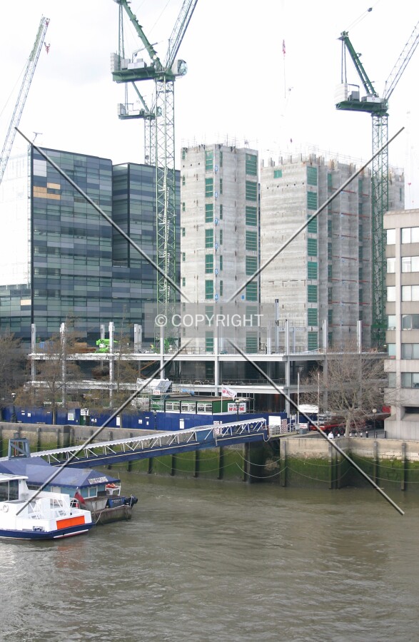 Elevated view northwest of the cores and emerging steel frame from London Bridge