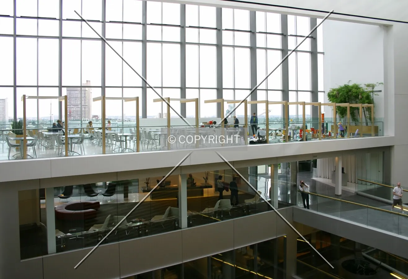 View across the atrium to the 11th floor canteen