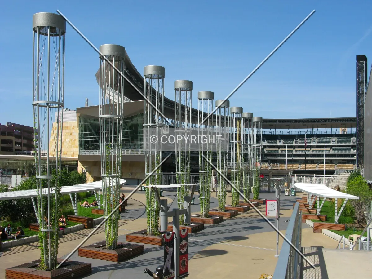 Baseball bat sculptures from the skyway entrance to Target Field Plaza