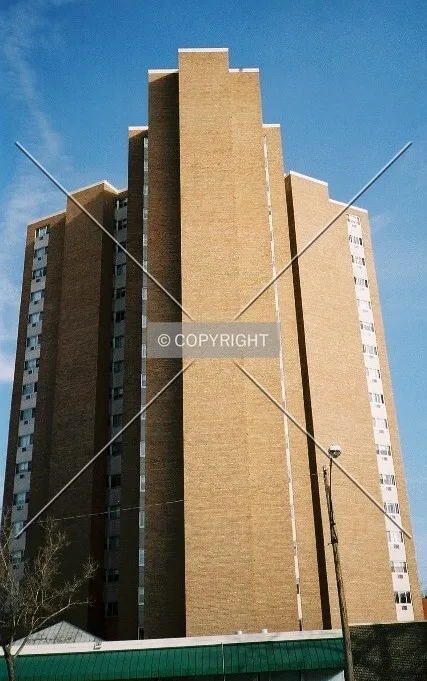 Looking East, up a wing of the Y-shaped tower.