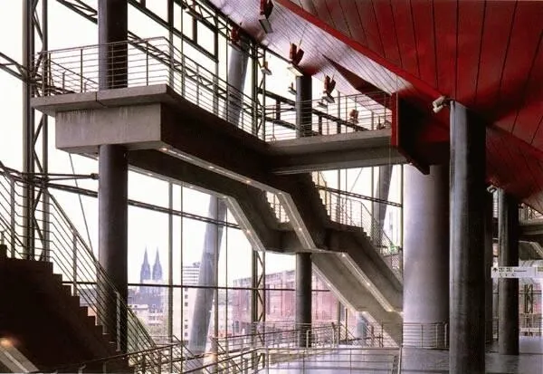 Inside view of stairs; in the background: Cologne cathedral