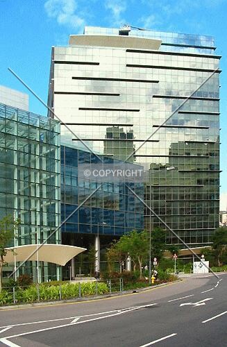 View of tower, connecting bridge and podium entrance