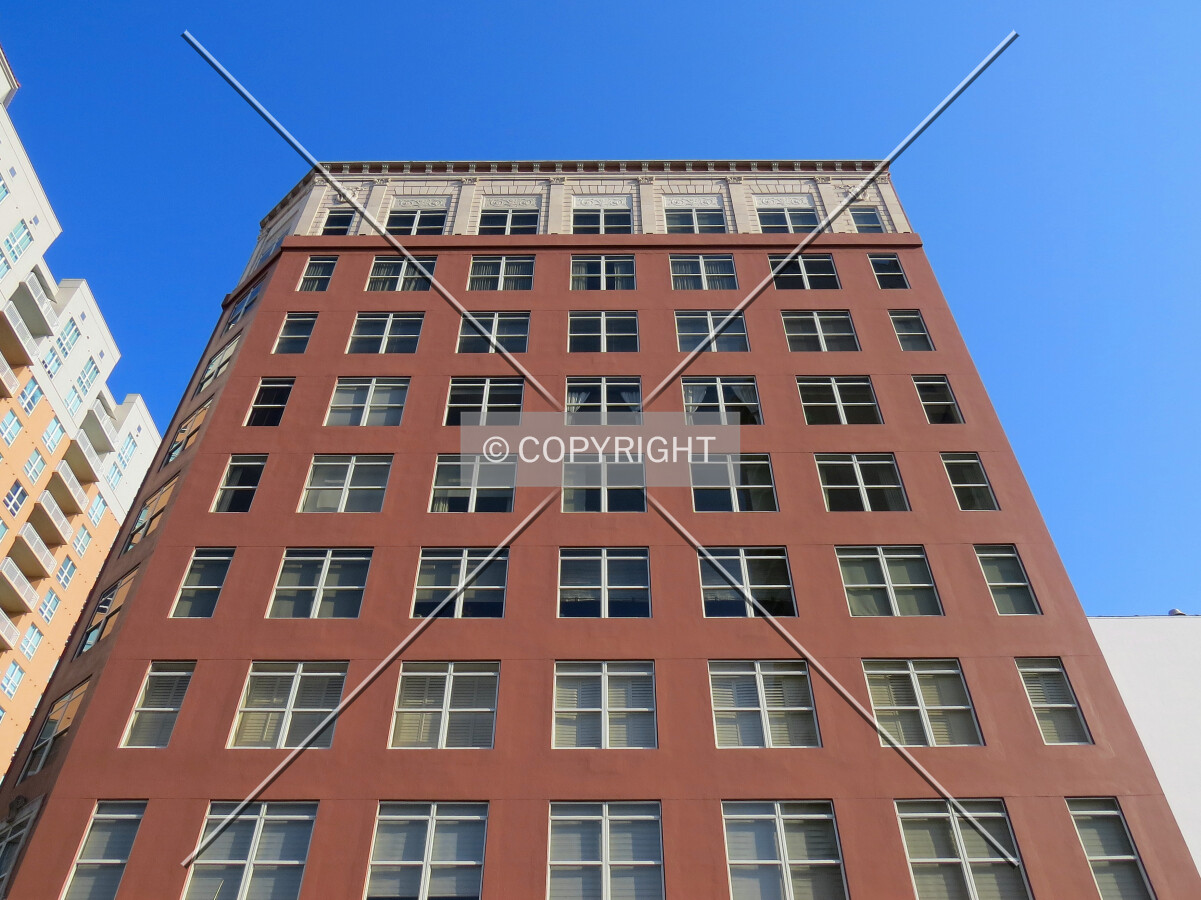 Looking up the front facade from across Main Street