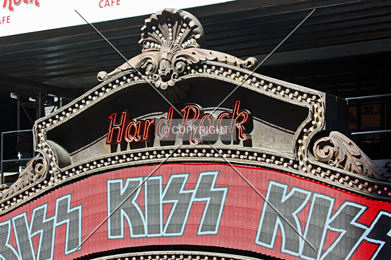 Hard Rock sign on the east facade; April 25, 2014