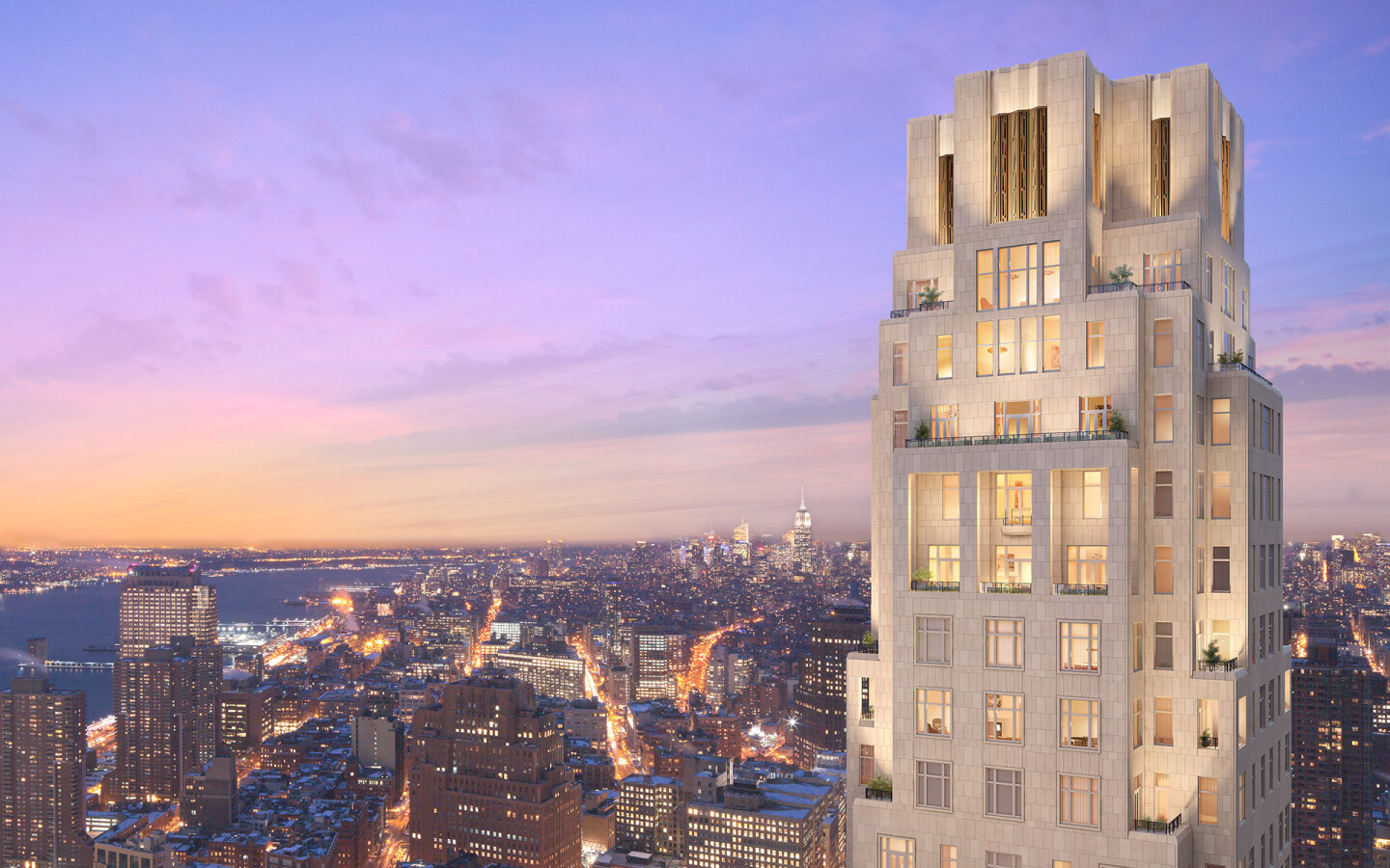 Rendering of the upper floors and New York City skyline