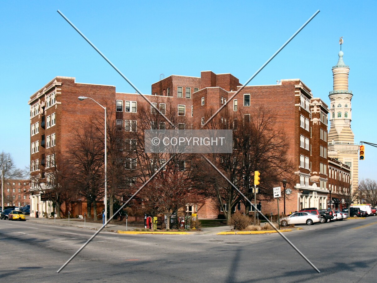 View north across the confluence of East Vermont Street, North Alabama Street and Massachusetts Avenue