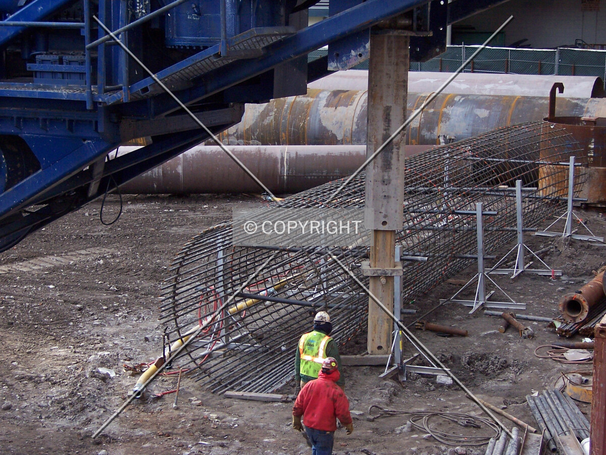 An assembeled rebar cage to be lowered into a caisson