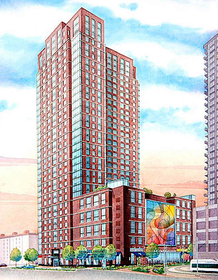 Rendered view from the southeast on First Street