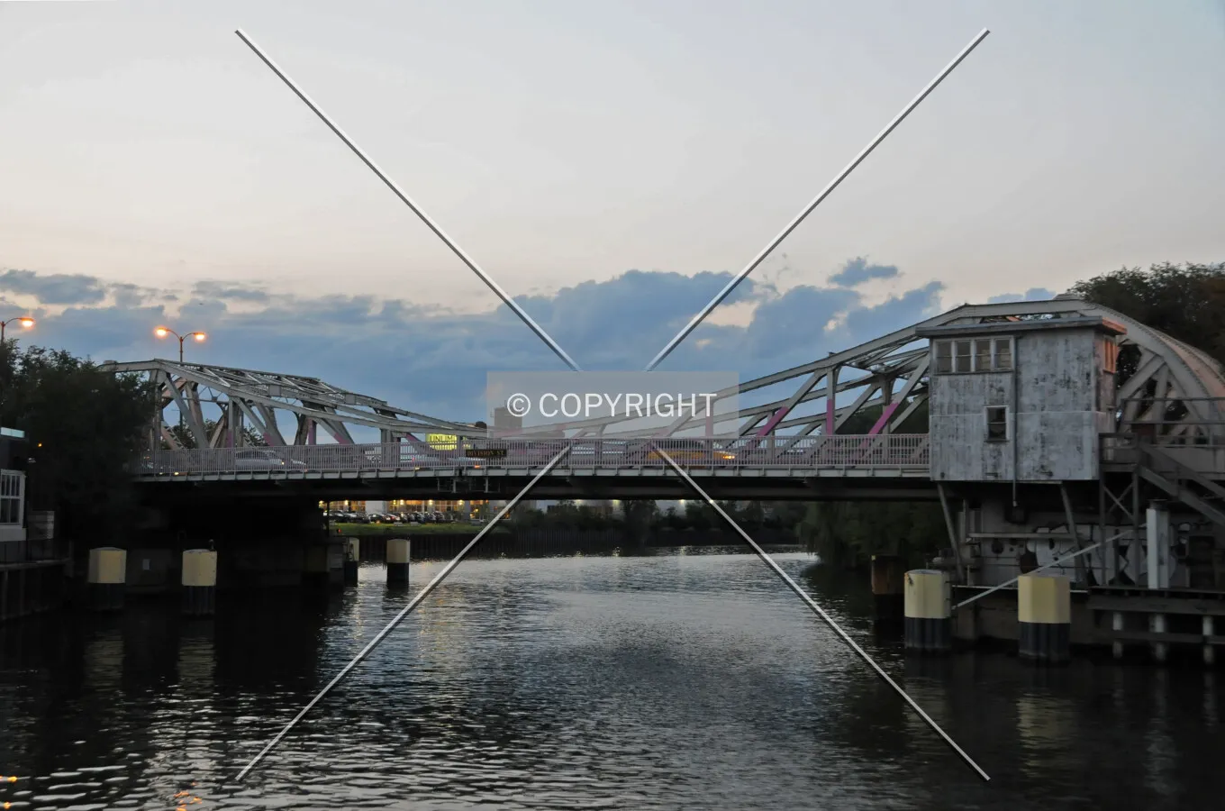 Looking north on the Chicago River's North Branch at twilight. September 5, 2012.