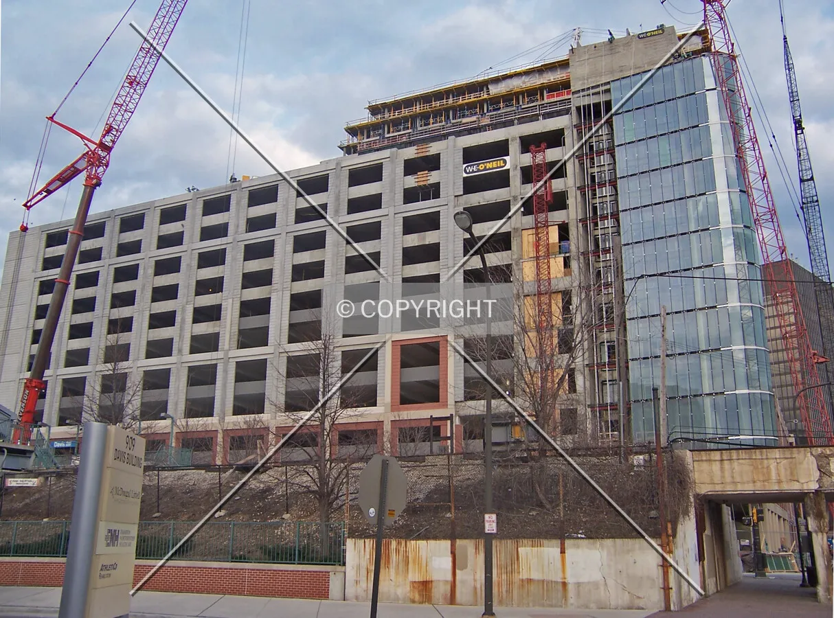 The west facade of the parking garage