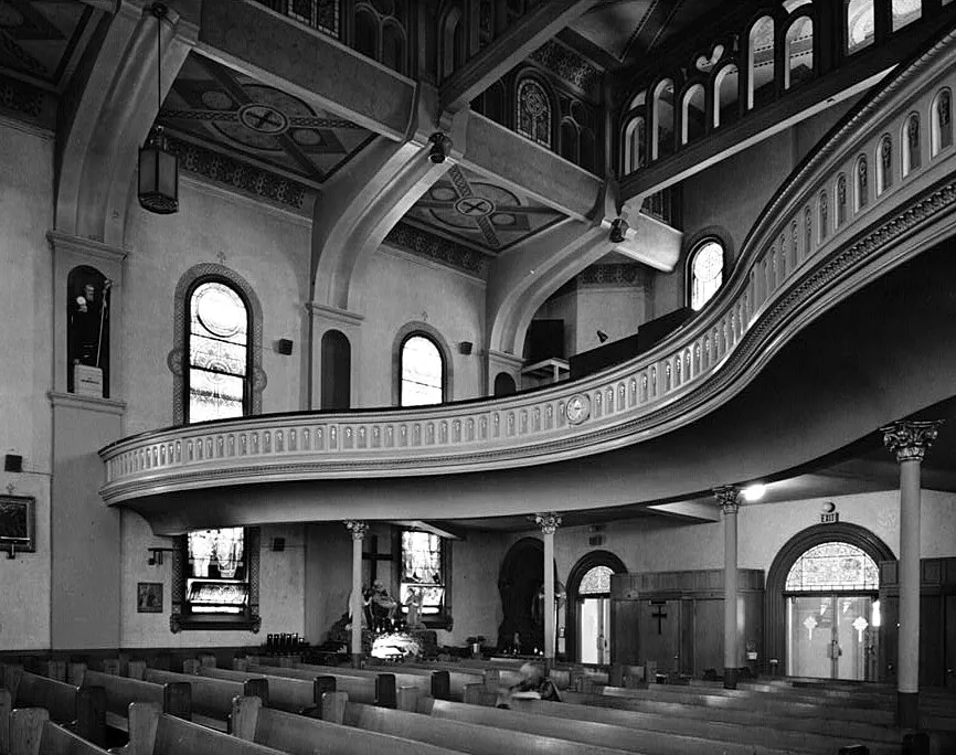 Vintage view of the interior towards the gallery