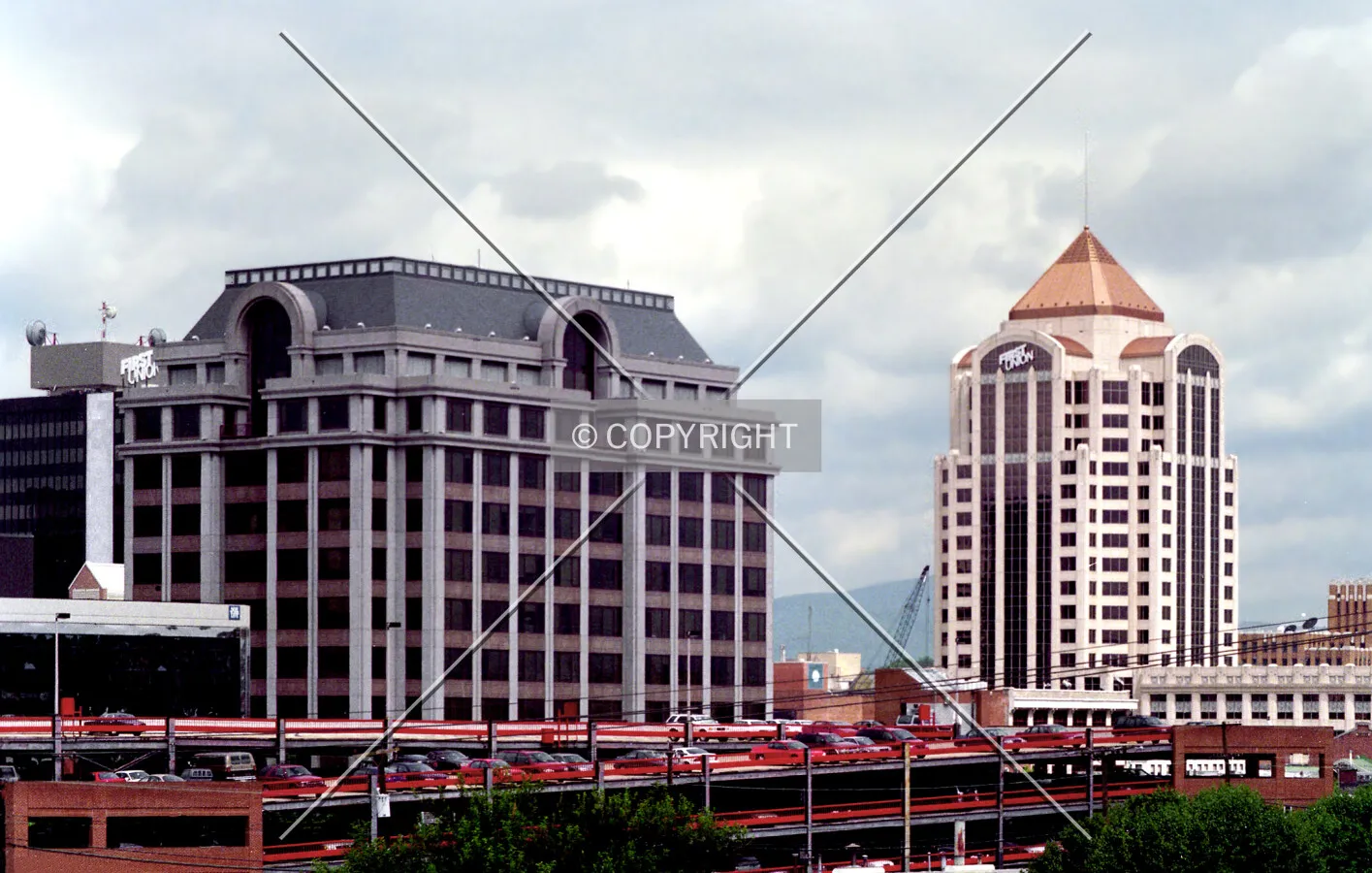 View from the southeast with the Carilion Administration, Norfolk Southern, and Wachovia Buildings