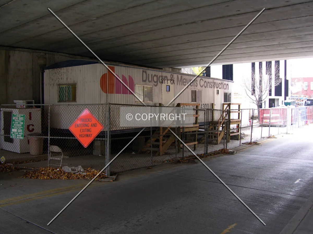 Construction trailer along 2nd Street beneath Roebling Way