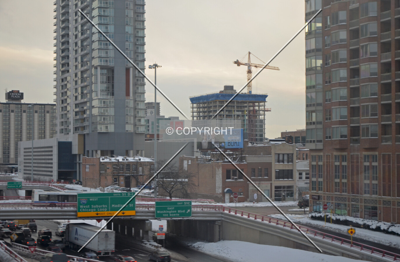 Viewed from CTA elevated train above Lake Street to the northeast; February 4, 2015.