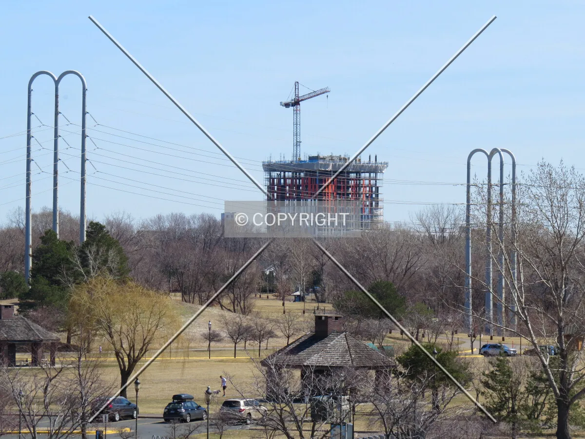 Distant view to the southeast over Boom Island from the Plymouth Avenue bridge over the Mississippi River