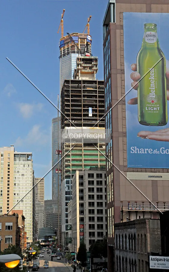 Looking east along Kinzie Street, with Trump Tower also under construction in the background