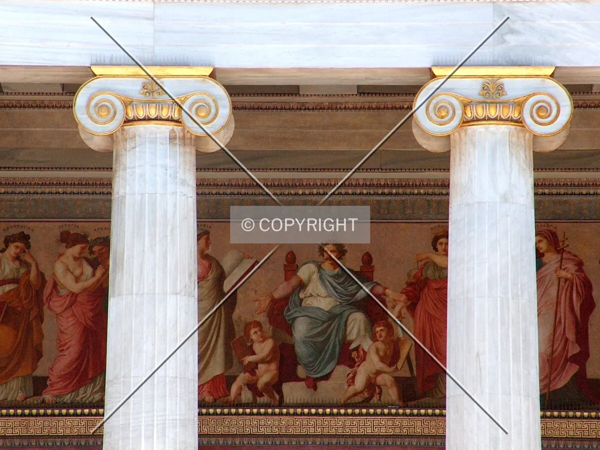 Detail of the facade depicting the mural paintings after restoration