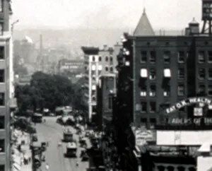 View north along Main Street with the Pilgard Building at center background