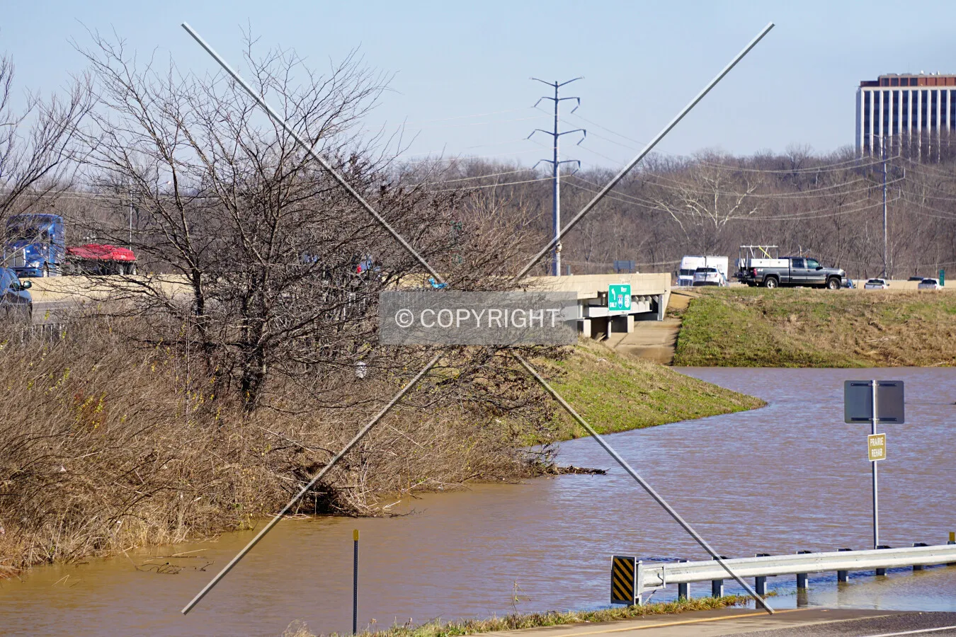 View from the southwest while Highway 141 underneath is closed due to flooding by the Meramec River; January 1, 2016