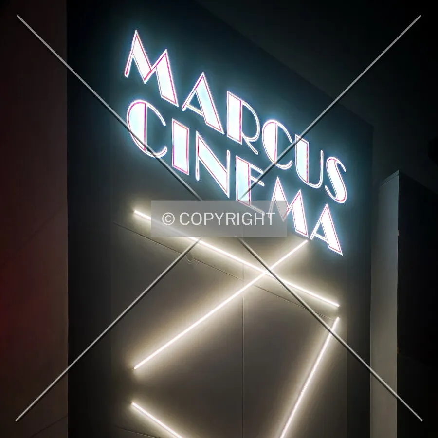 Marcus Cinema sign at night; February 8, 2025