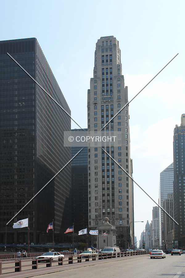 The slender tower as seen from Michigan Avenue Bridge