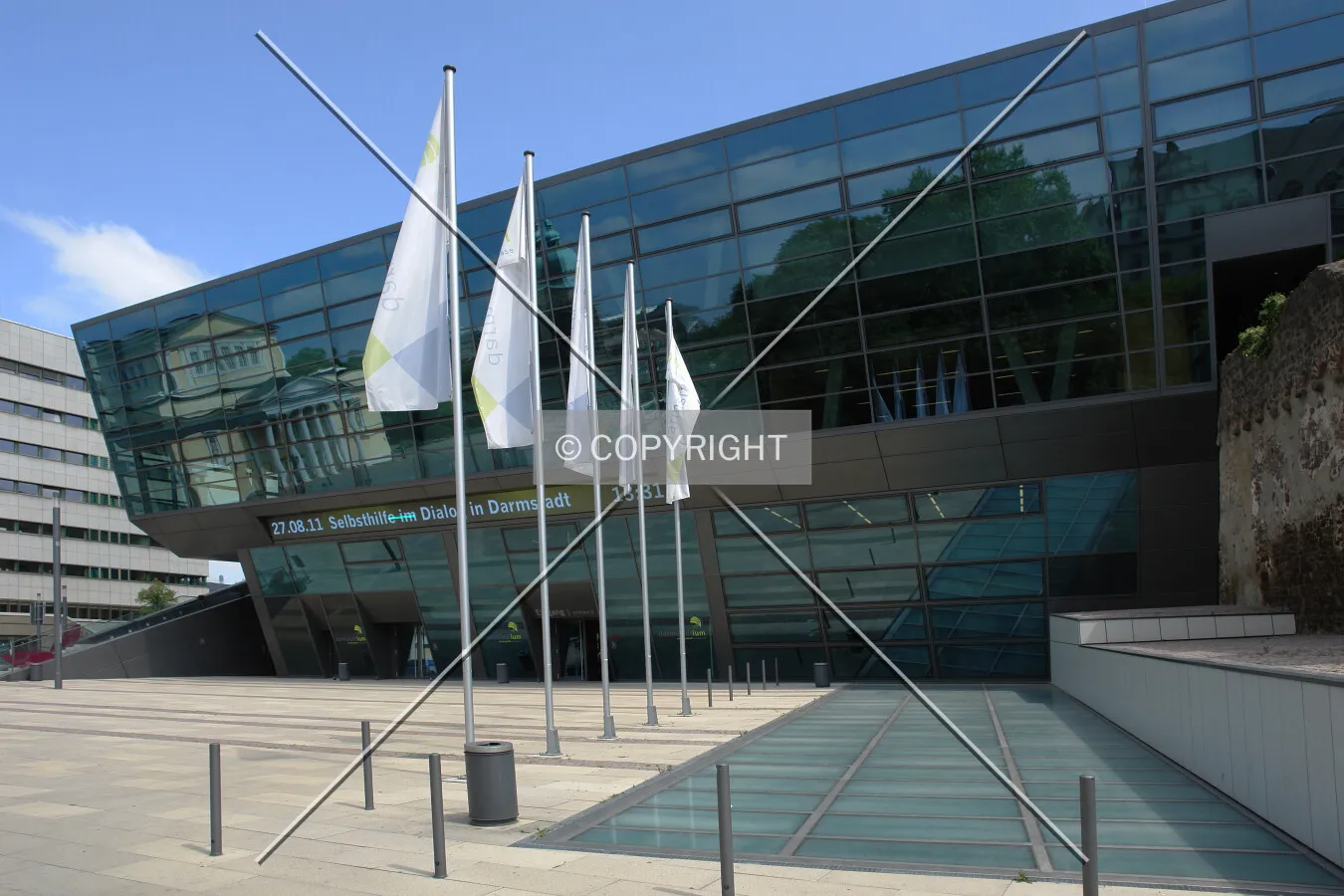 Flags in the wind in front of Darmstadtium