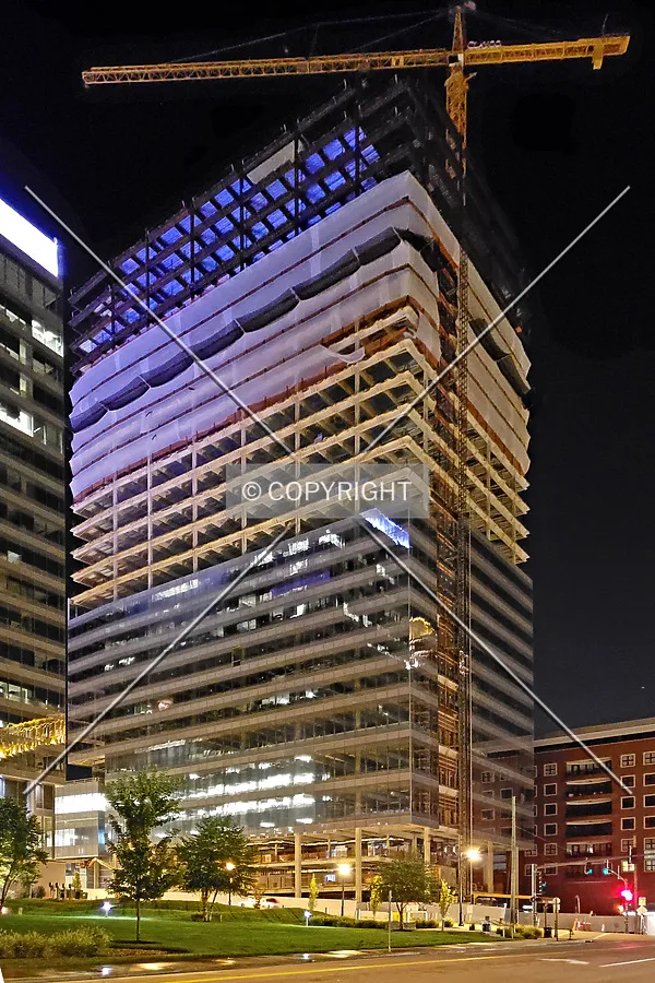 Construction view from the southwest at night; August 18, 2018